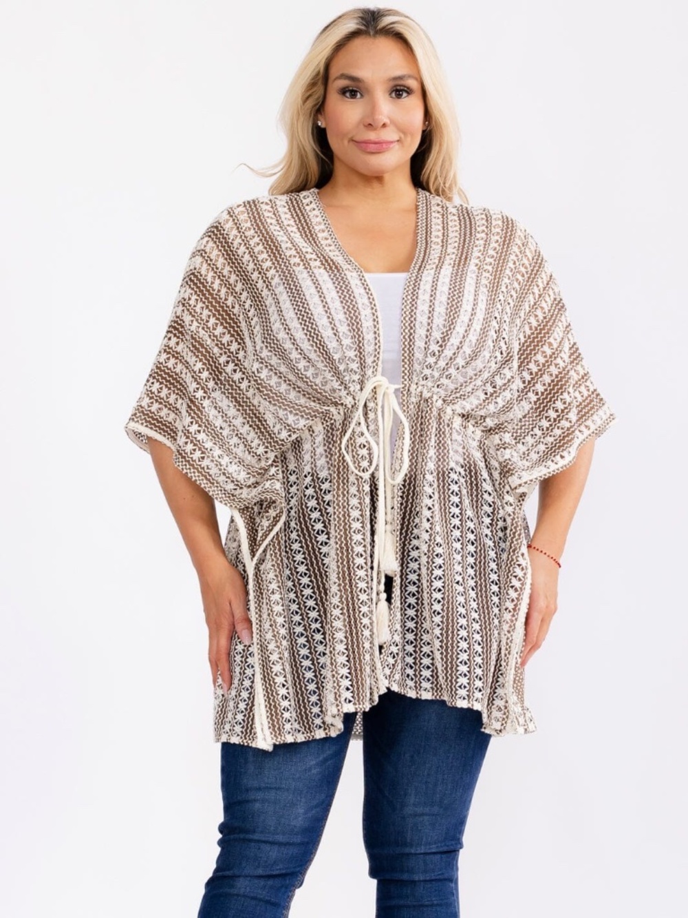 "Very J" Plus Size Short Sleeve Open Front Adjustable Waste Crochet Kimono